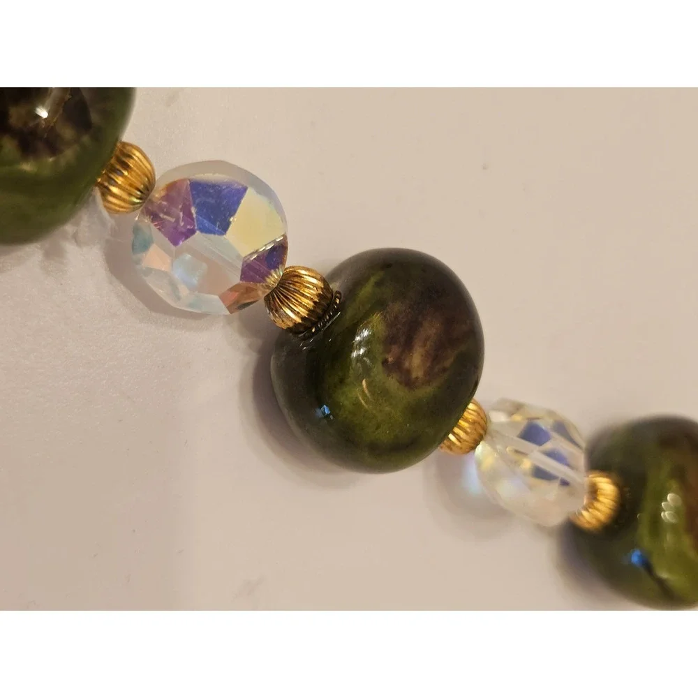 Vintage Green Ceramic & Aurora Borealis Crystal Necklace Bracelet Jewelry Set